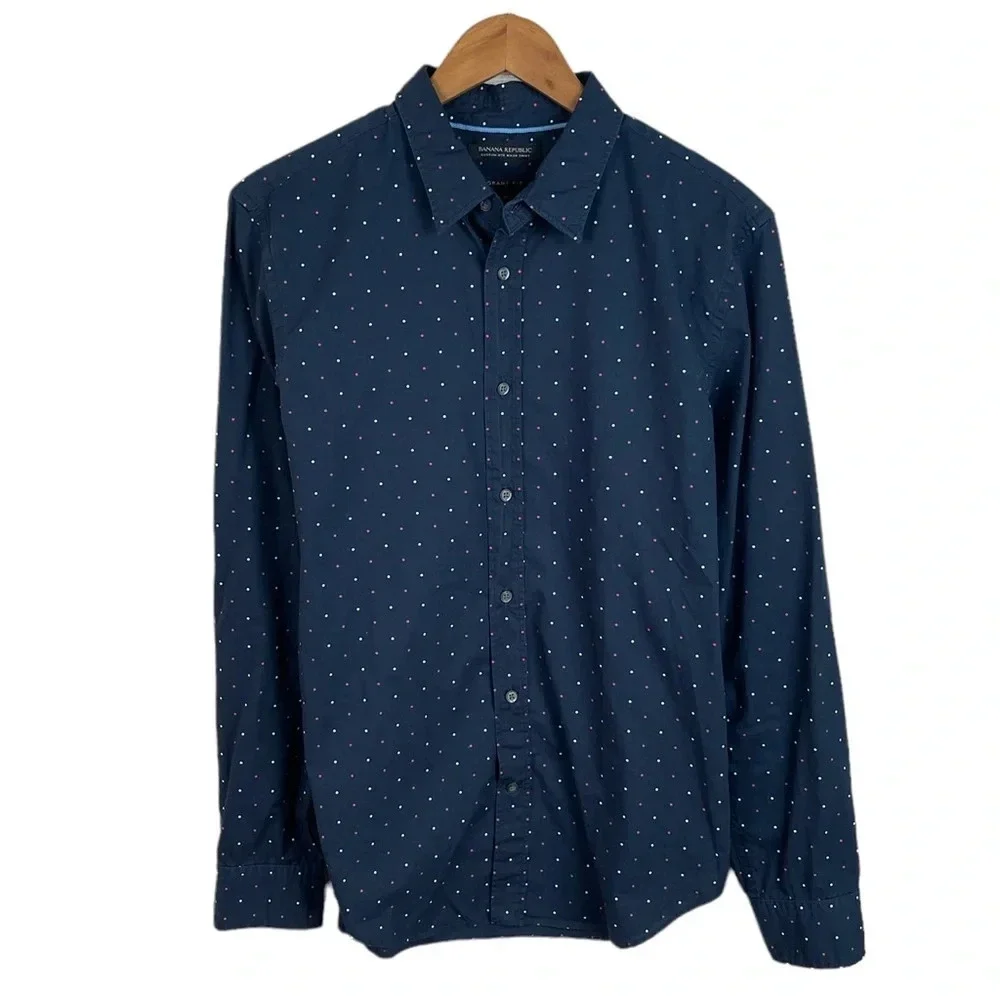 BF816 Mens Banana Republic Custom 078 Wash GRANT Fit Polka Dot Button Shirt M